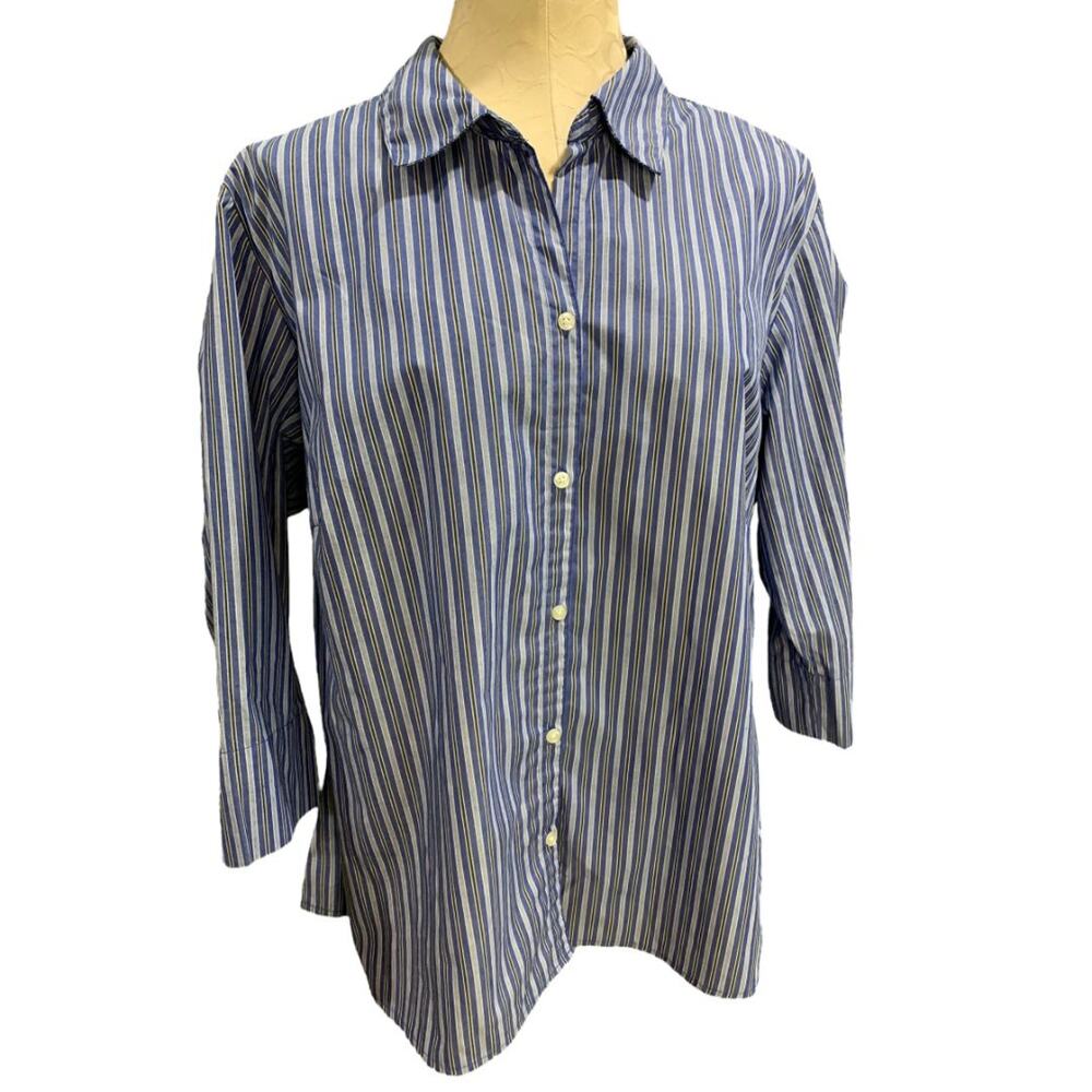 Size 1X ALS Wrinkle Free Blue Stripe Womens Button Up Shirt Wrinkle Free